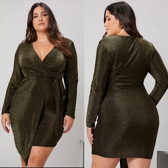 SHEIN Gold Metallic Faux Wrap Dress - Picture 1 of 9